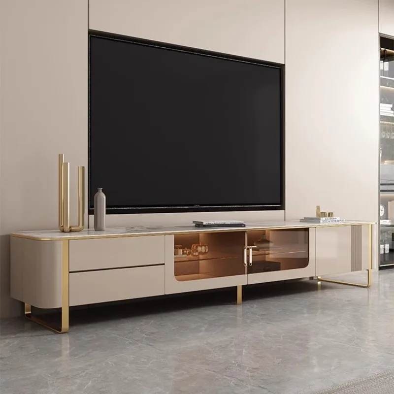 شقة صغيرة فاخرة وحديثة الراقية طلاء الشمبانيا خزانة أرضية غرفة المعيشة بلاطة الصخور طاولة القهوة مجموعة خزانة التلفزيون