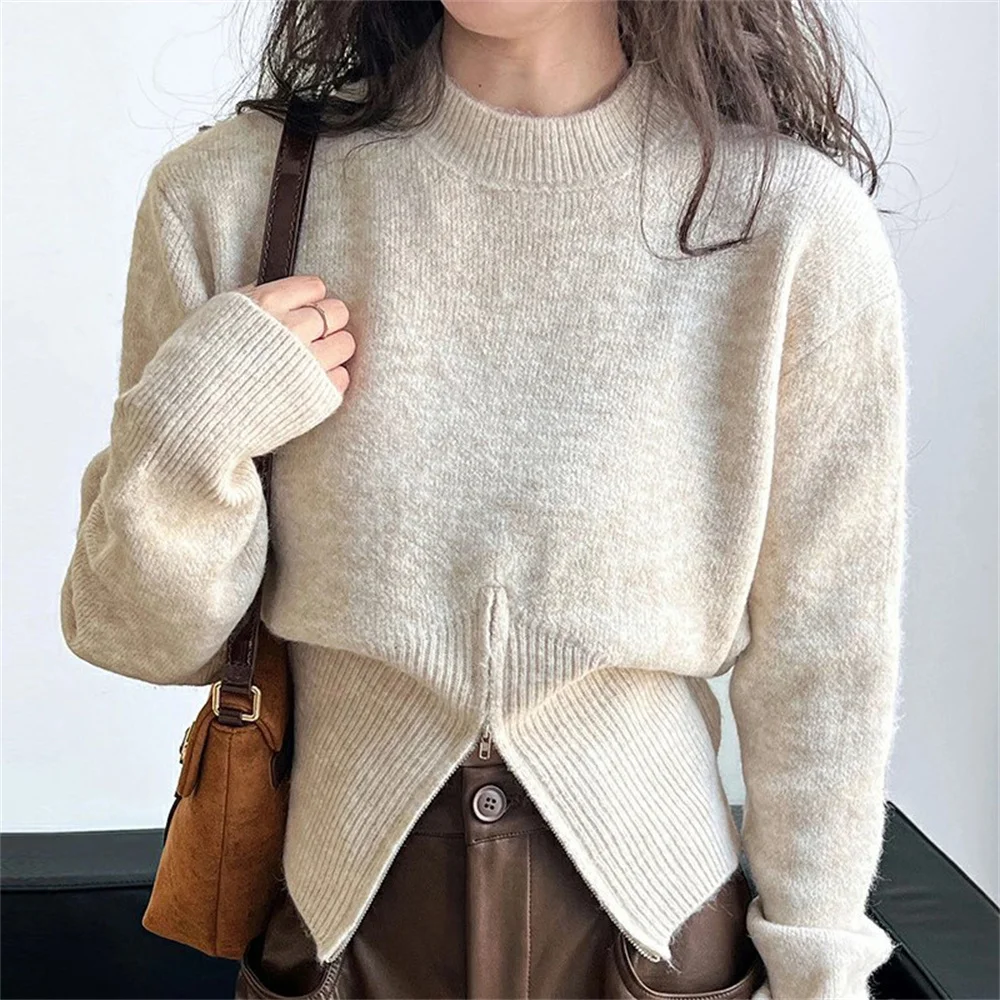 Autumn Winter Cropped Pullovers Female Vintage Knitted Sweater Women Korean Zipper Jumper Long Sleeve Knitwear