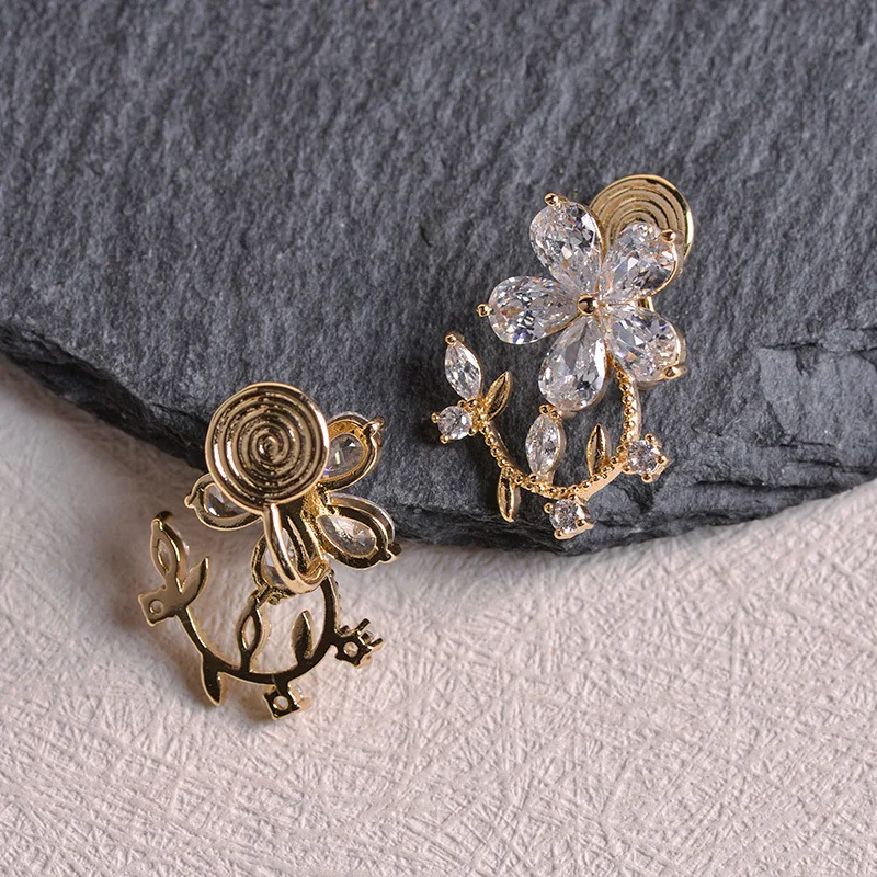 2023 New Zircon Flower Earrings Sweet and Elegant Temperament Earclip Earhole Free Female Gift Wholesale