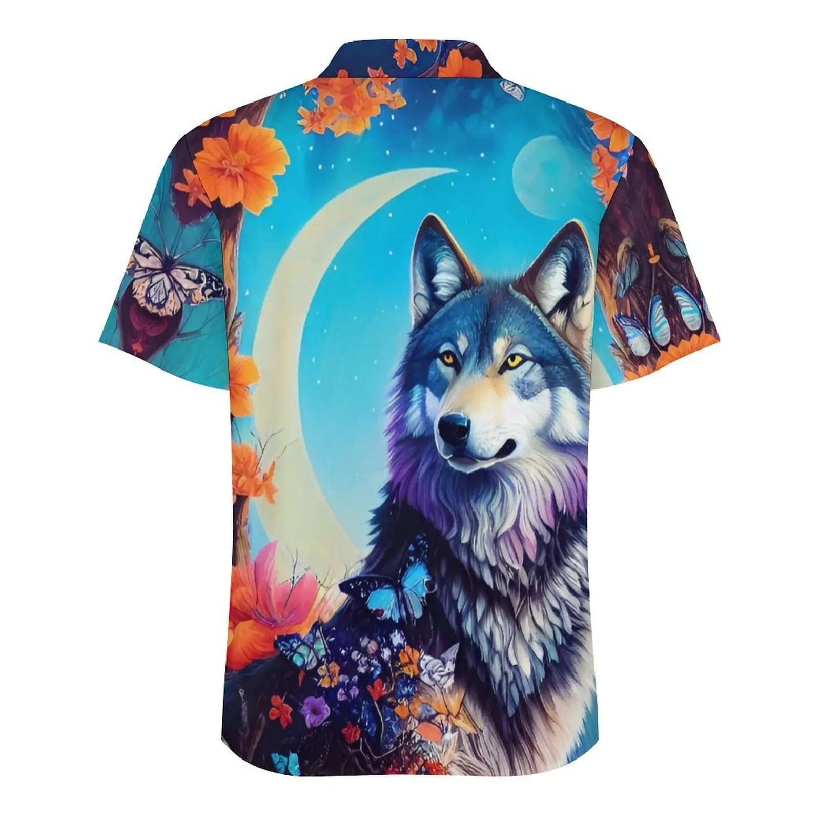 Camisa hawaiana de lobo en árbol floreciente para hombres, camisas casuales con estampado de flores de vacaciones, blusas clásicas de manga corta Harajuku de talla grande