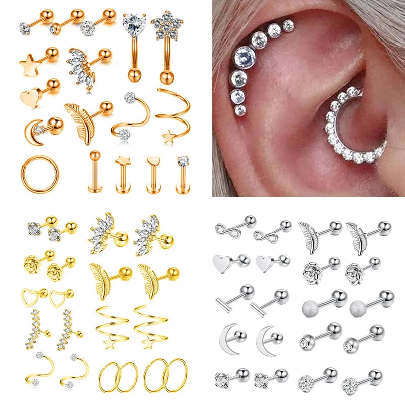 Crystal Tragus Piercing Earring Set 16G Moon Star Cartilage Stud Earring Helix Piercing Barbell Earring Lobe Daith Piercing Rook