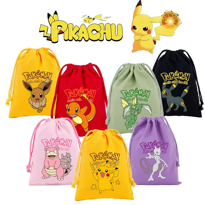 Pokemon Canvas Girls Boys Drawstring Bags Cartoon Animation Figures Pikachu Eevee Handbags Storage Pouches Decoration Bag Gift