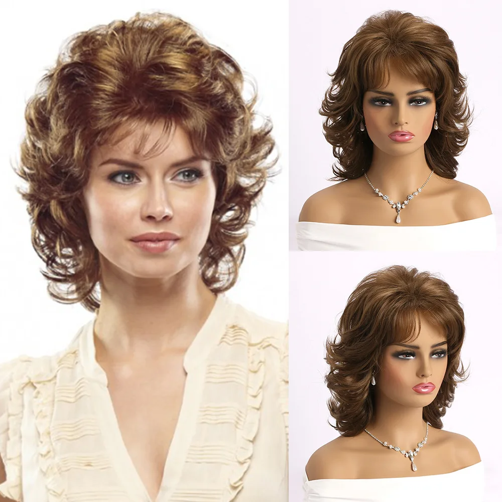 European and American  Women\'s Wigs Synthetic Curly Wig For Brown Hair Slanted Bangs Fluffy Short Wave Curly Fashion Head Cover