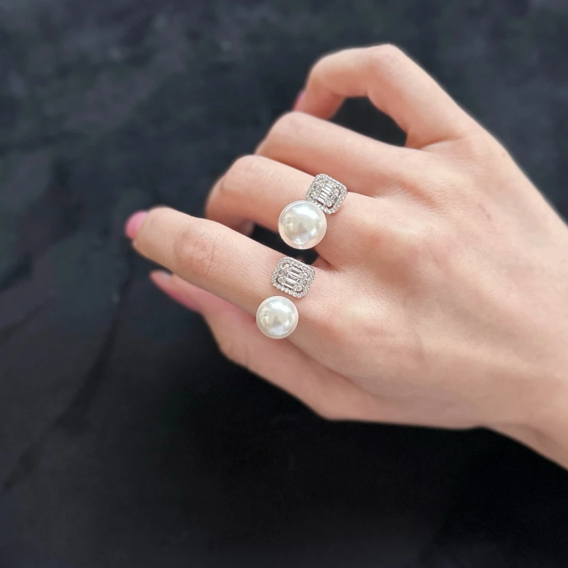 

Y 12mm Rock Sugar Big Diamond Australian White Pearl Sea Pearl Pure Silver Plated Platinum Ring