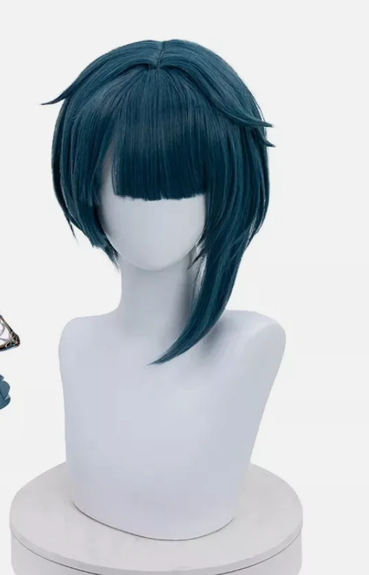 Genshin Impact XingQiu-Peluca de Cosplay de 27cm, pelo sintético corto y liso azul para mujer