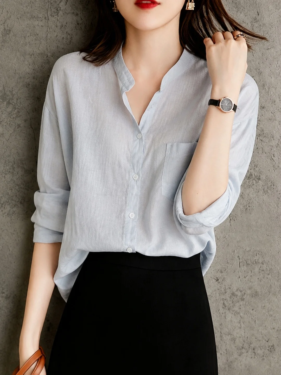 Elegant Pure Color Shirt Simple Design Single Button Korean Style Commute Straight Tube Long Sleeve Autumn Fashion Slim Fit