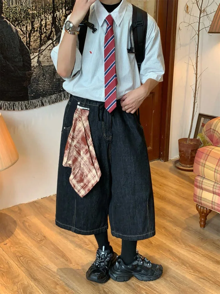 Retro American Color Block Design Loose Straight Leg Jeans Shorts Men Women Summer Casual mid Waist Seven Parts Pants