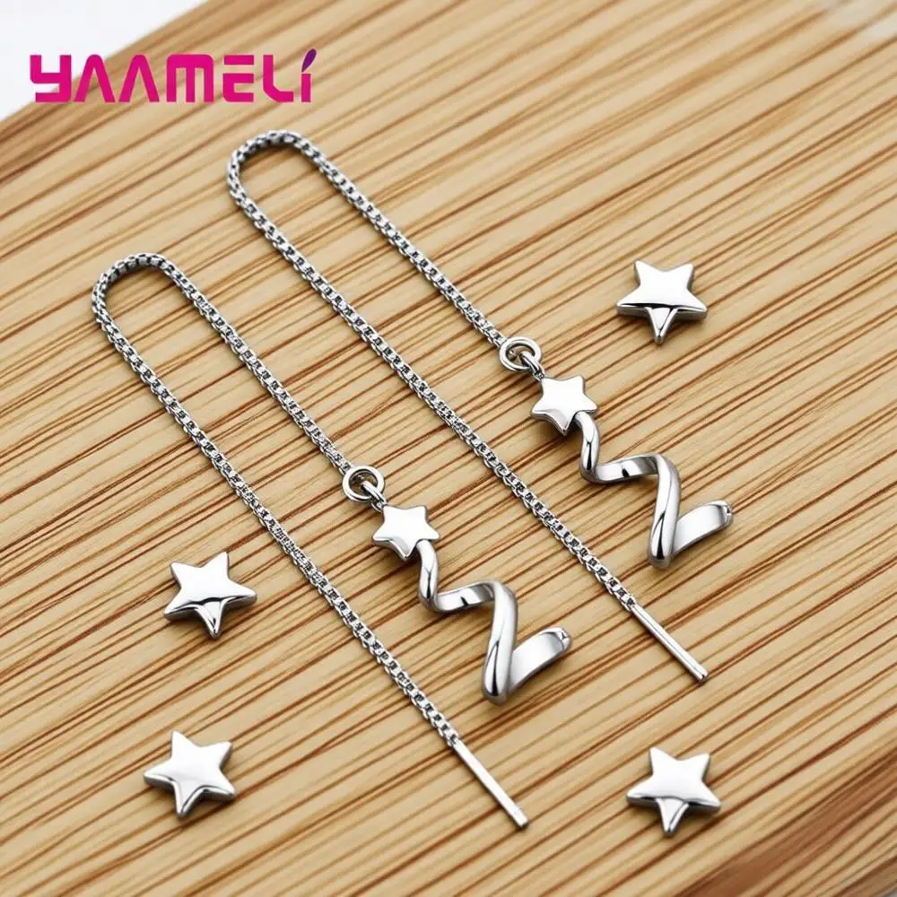 Charming 925 Sterling Silver Rotate Star Long Tassel Ear Wire Earrings for Women Girls Anniversary Party Jewelry Gifts Accessory