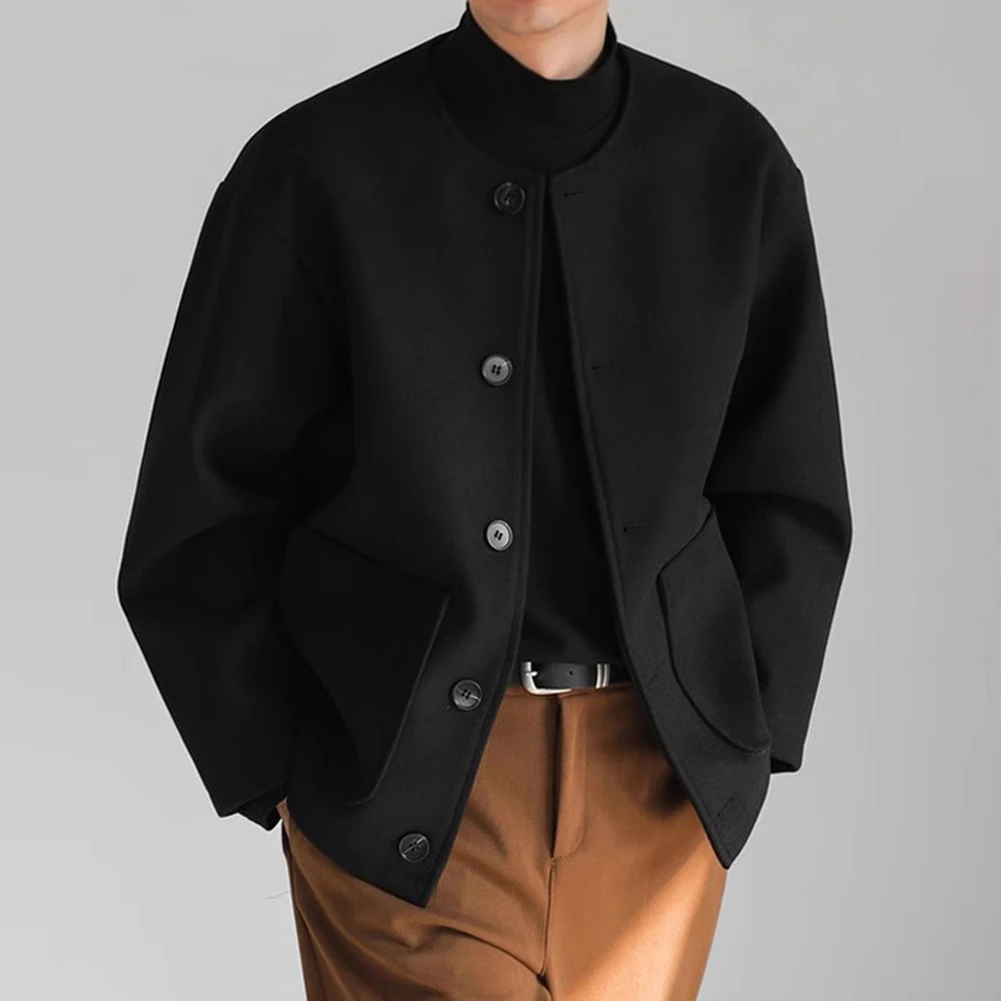 Men Casual Slim Collarless Buttons Coat Round Neck Jacket Outwear Cardigan