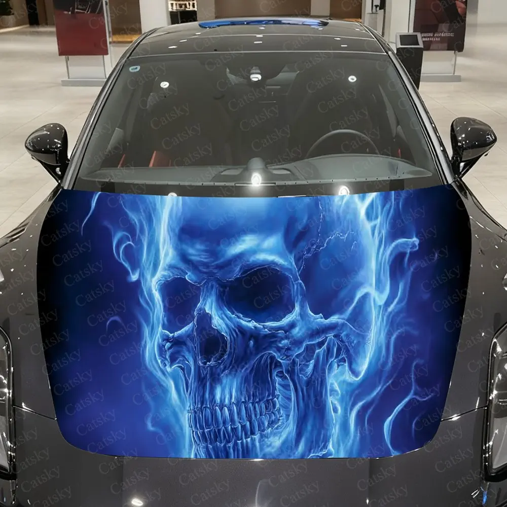 

Gothic-style blue flame skull Car Hood Sticker - Gothic-style Grim Reaper and Crow design, durable PVC vinyl film, waterproof an