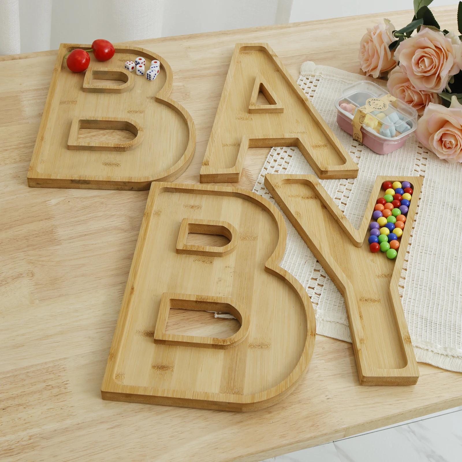 4Pcs Baby Charcuterie Board Letters Wood Charcuterie Letter Tray Fillable Letter Serving Tray Decorative Charcuterie Baby Letter