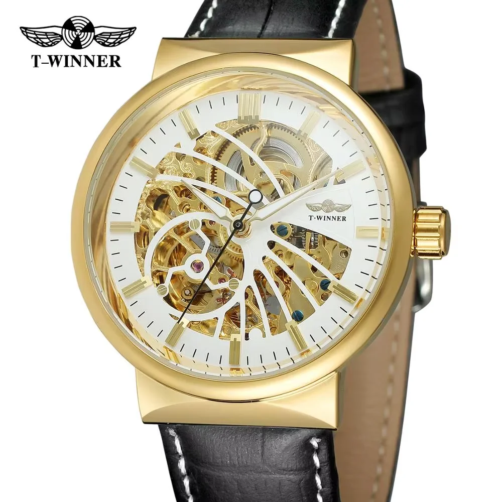 T-WINNER watch fashion trend hollow-carved design black leather belt  casual luxury automatic man wrist mechanical watch