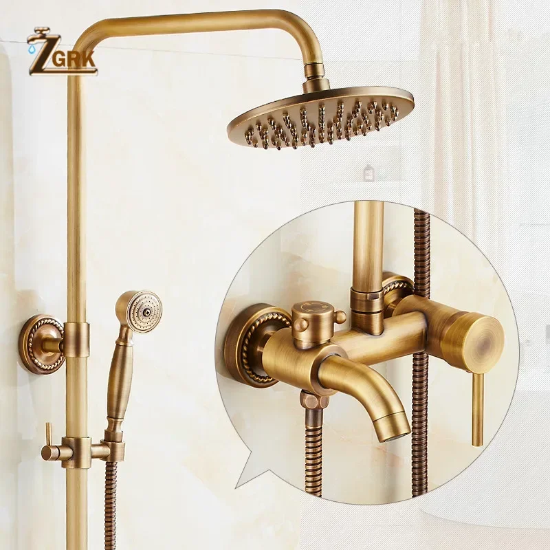 ZGRK Antique Brass Shower Faucets Set 8'' Rainfall Shower Commodity Shelf Dual Handle Mixer Tap Swivel Tub Spout Bath Shower