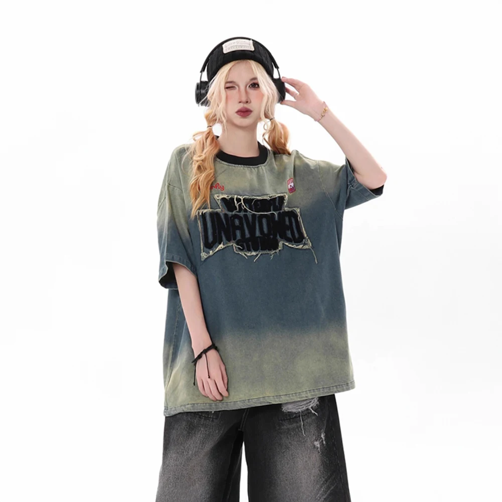 

Street Style Old Style Women's Denim Short-sleeved T-shirt All-match Top