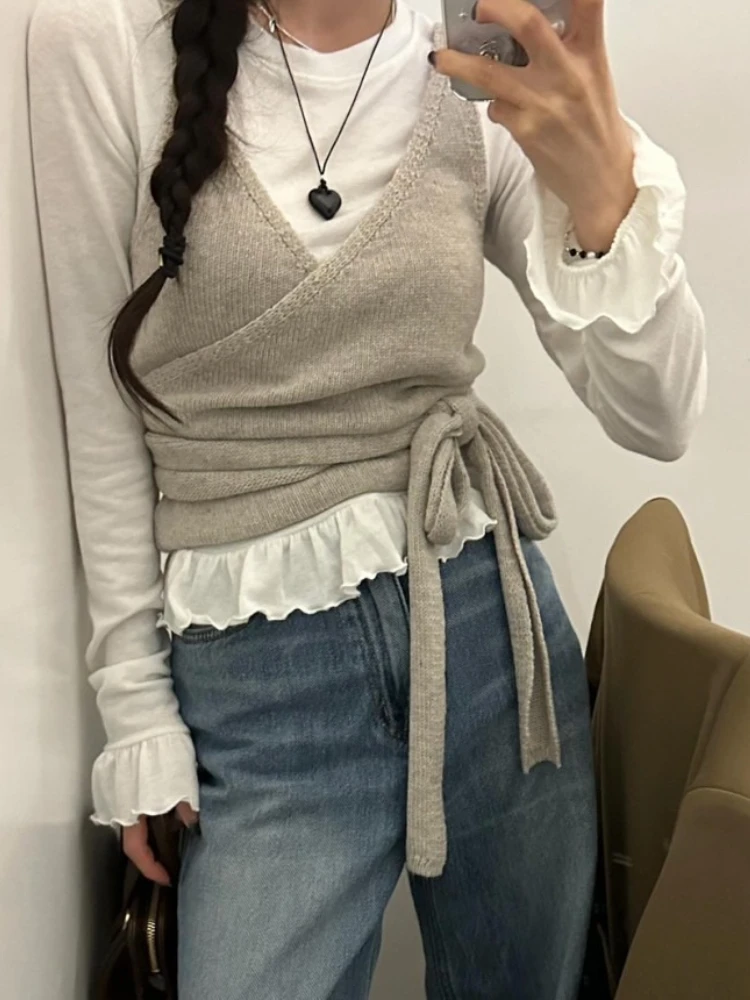 

Korobov Korean Chic Autumn Casual V Neck Sleeveless Criss-cross Bandage Solid slim Knitted Cardigan