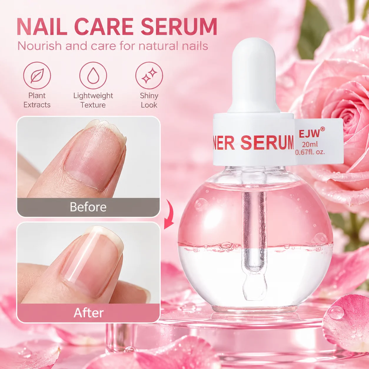Nail Strengthener Serum Rose Keratin Jojoba Cuticle Oil for Brittle Thin Damaged Nail Repair Fast Growth Hardener 20ml