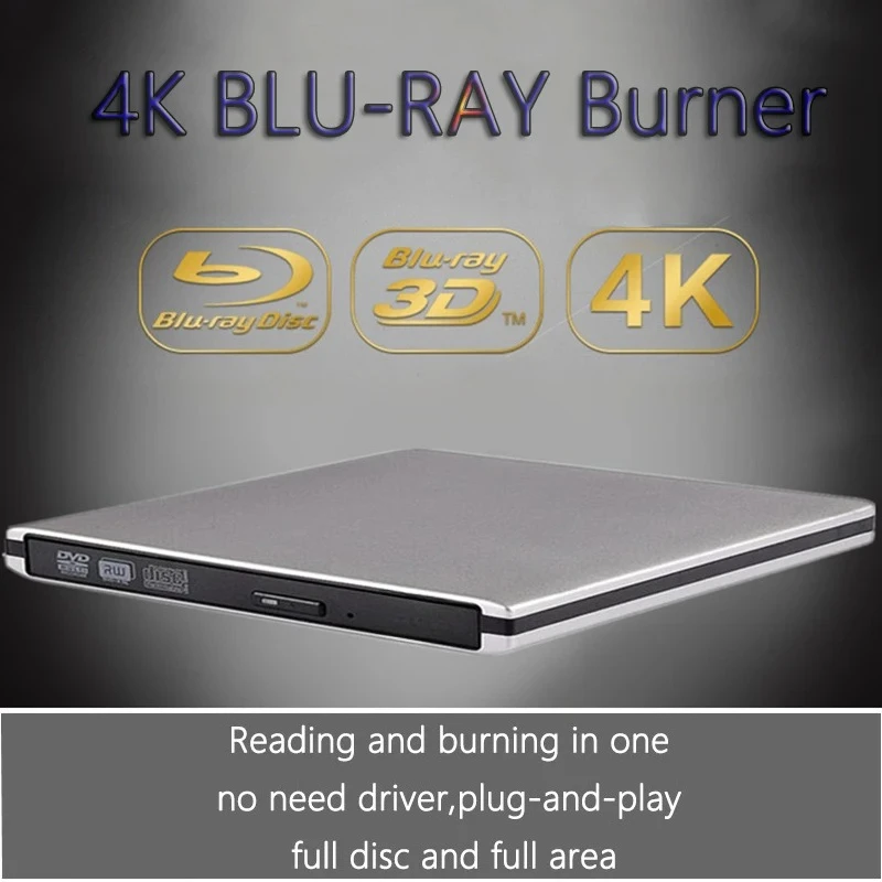 Unidad Óptica Externa Ultradelgada con Grabación de Blu-Ray 4K, USB 3.0, Reproductor de DVD, Grabador de Blu-Ray 3D R/W, Grabador de CD/DVD