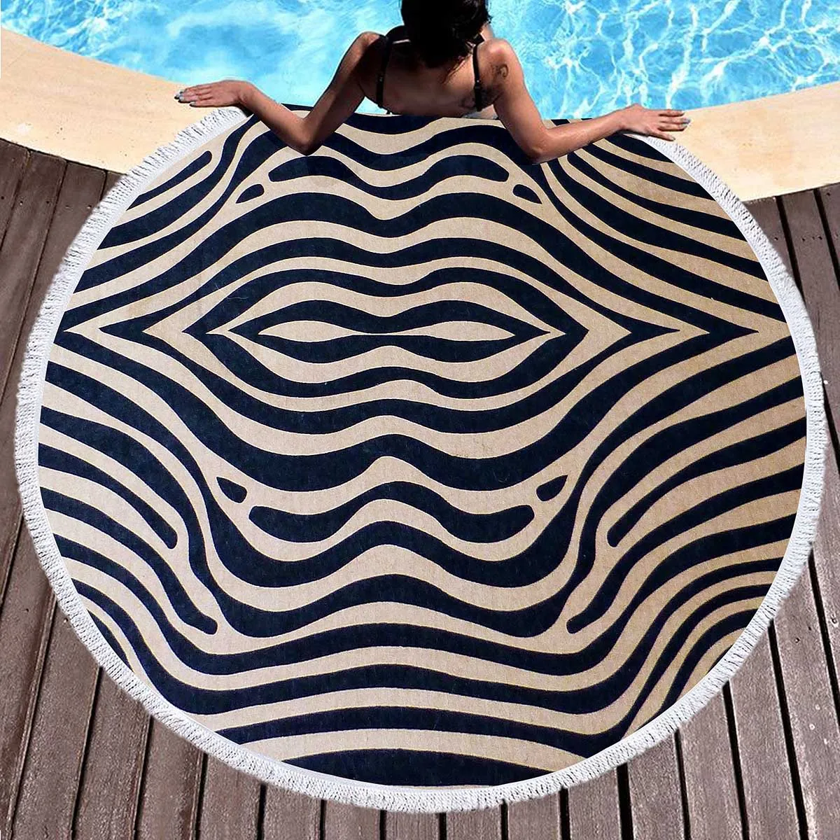 Round Beach Towels Pool Towel,Zebra Texture Black Lightweight Absorbent Sand Proof Beach Blanket for Swimming Sports Beach Gym