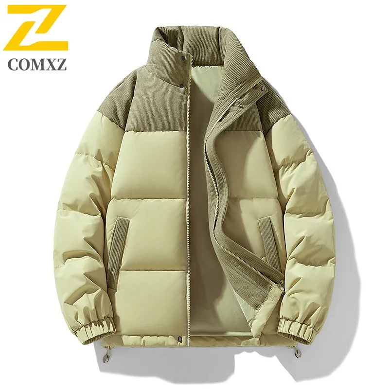 

COMXZ 50% Белый утиный пух, вельветовый лоскутный пуховик, мужской короткий стиль с воротником-стойкой, 50% пуховое пальто, утолщенная верхняя одежда