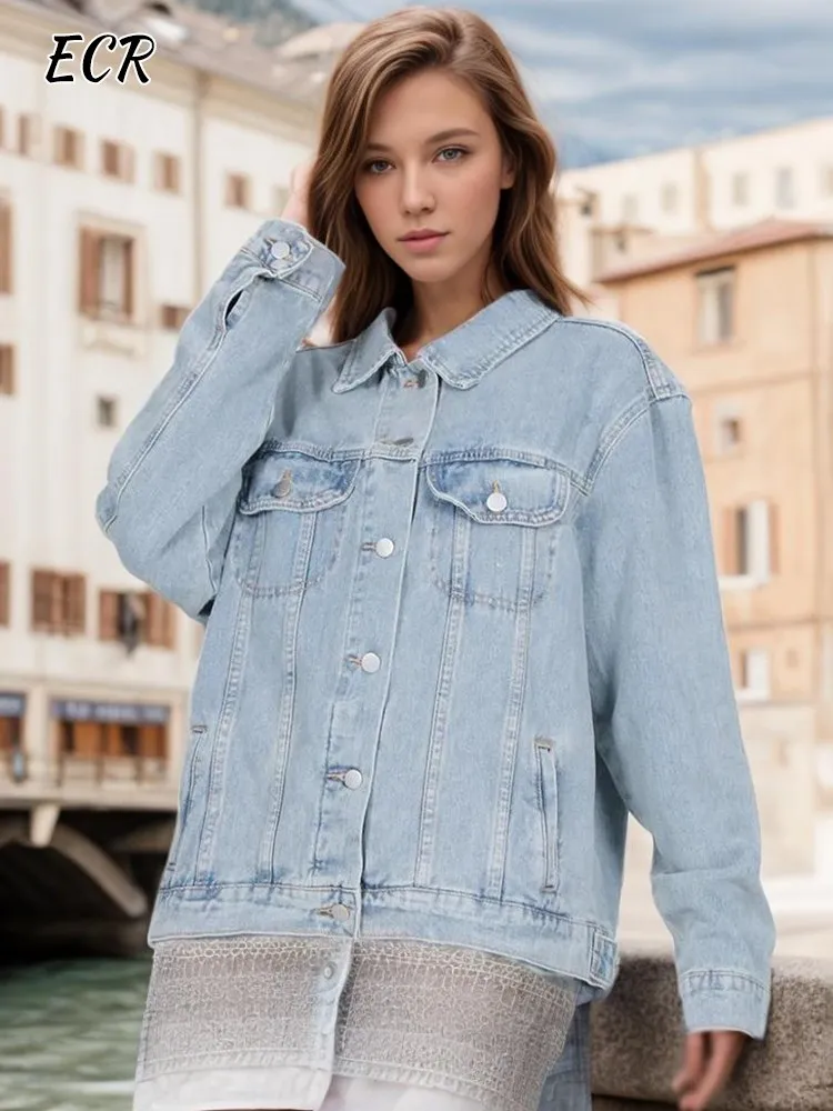 ECR Patchwork Pocket Casual Denim Jackets For Women Lapel Long Sleeve Single Breasted Loose Solid Coats Female Fashion Style New