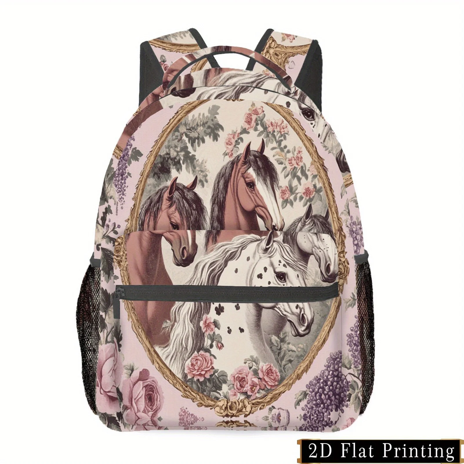 1pc Floral Horse Print Hand Washable Backpack Adjustable Straps Multiple Compartments Lightweight Durable for School Travel