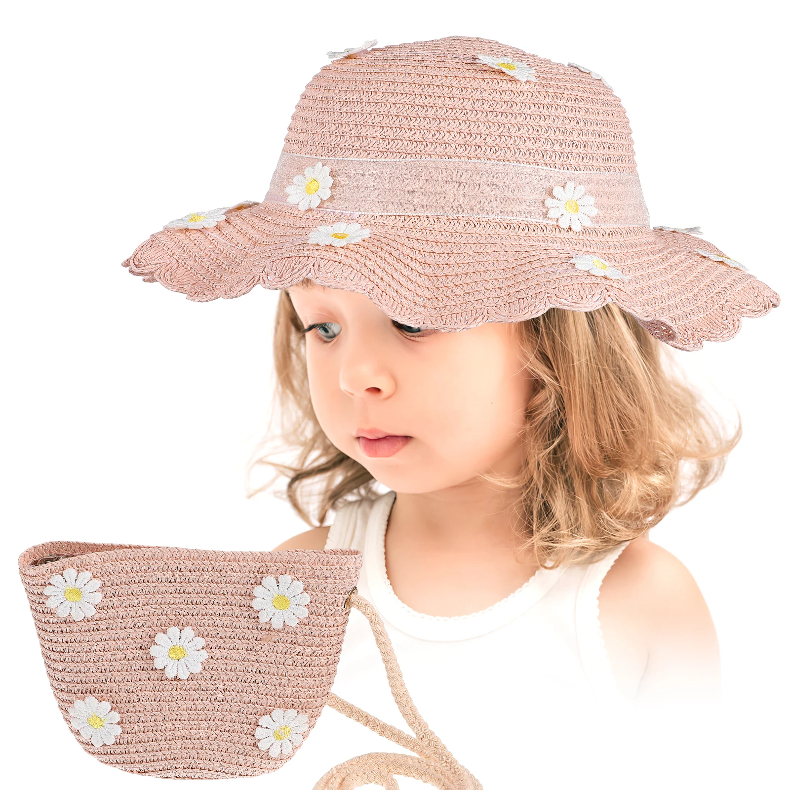 

Straw Hat Bag Set Girls Kids Beach Hats Summer Sun Cute Daisy Flowers Decor Wide Brim Flat Top Crossbody Straw Woven Technique