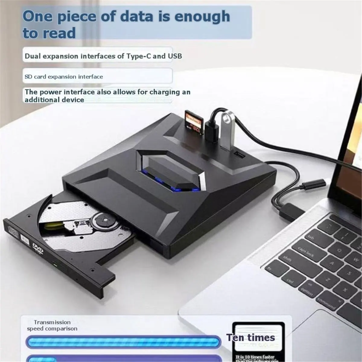 DT75BG Multi-Functional External Blu-Ray Drive, USB /Type-C Portable VCD/DVD/CD Burner Reader with USB Hub, SD Card Reader
