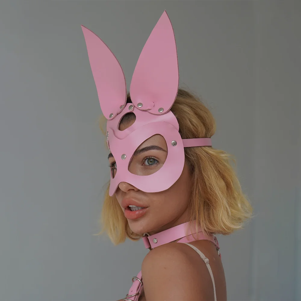 Bunny Mask Rabbit Ears Half Mask for Women Pink PU Leather Cosplay Costume Party Masquerade Halloween Bar Games