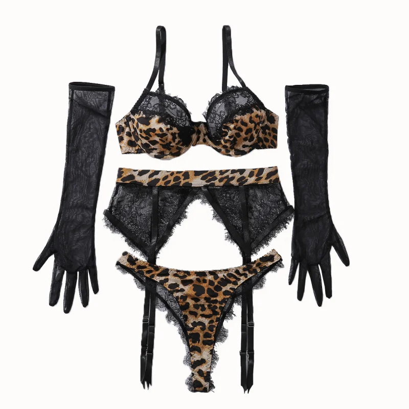 2025Nuovo stile push-up con stampa leopardata con guanti trasparenti che modellano un set di due pezzi di lingerie sexy in pizzo a mezza tazza sottile