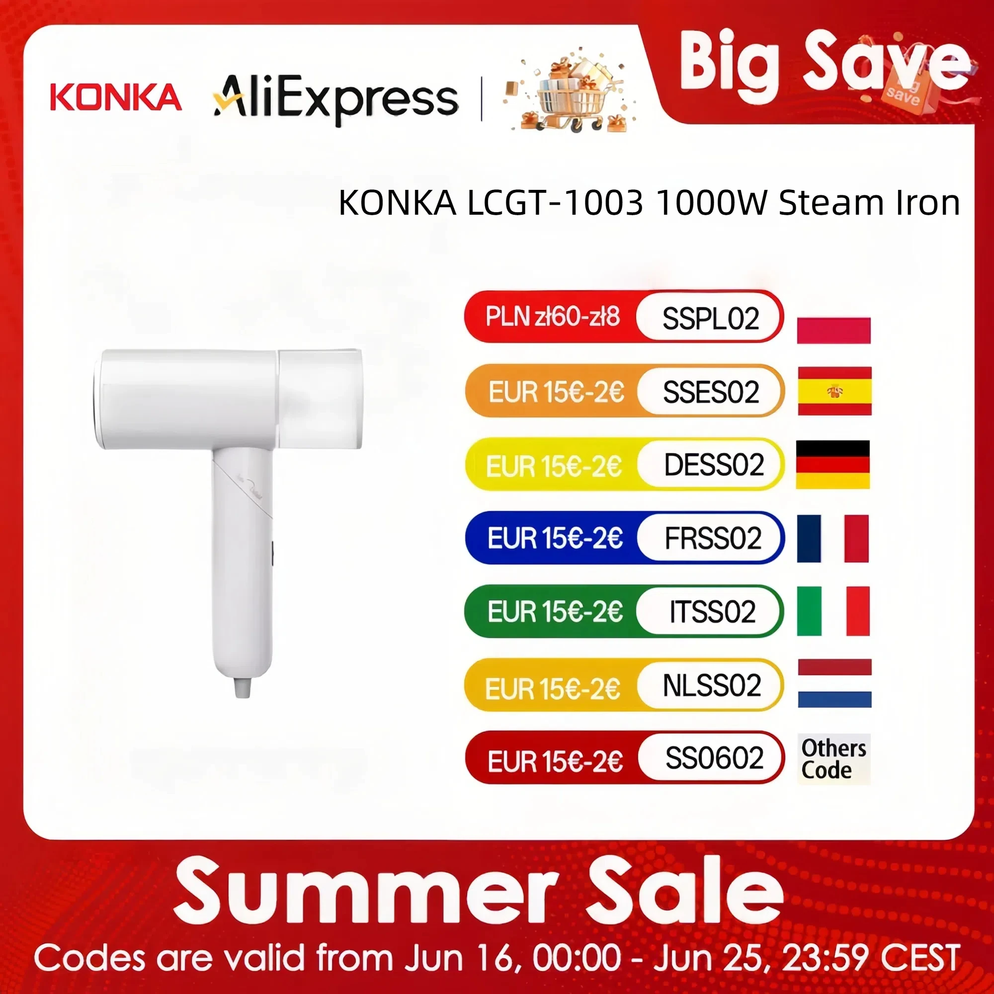 KONKA LCGT-1003 1000W Steam Iron Detachable Water Tank-Fast Heating Dual Safety Protection Adjustable Handle for Home Travel