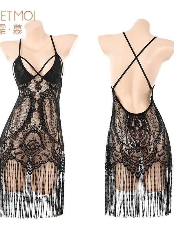 Midnight Tassel Perspective Sleeping Tank Mini Dress V Neck Hot Sexy Women Sheer Mesh Sexy Pure Desire Dress Elegant AXO7
