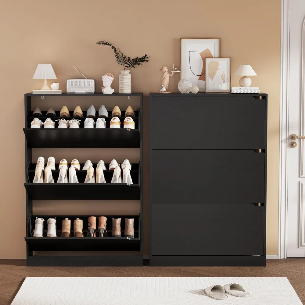 

Shoe Storage Cabinet, Wood Shoe Organizer for Entryway with 3 Flip Drawers, Freestanding Shoe Rack with Adjustable Shelf, Narrow