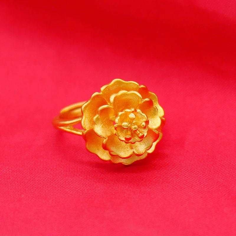 

Fashion Copper Gold Plated Ring Women's Vietnam Sand Gold Big Flower Ring Blooming Rich Opening Imitation Gold Wedding Ring