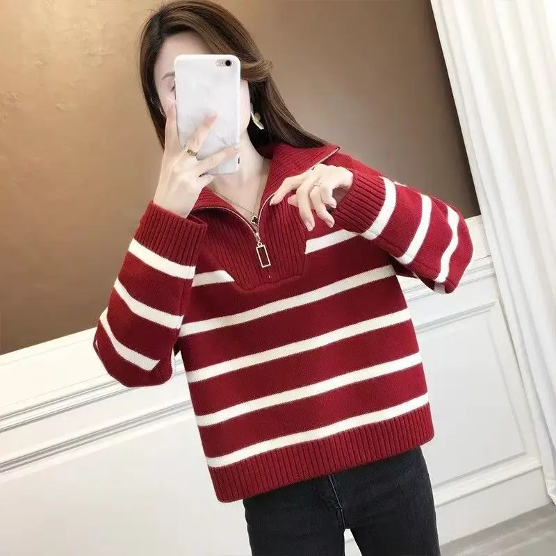 Fall/Winter New Half Zipper Lapel Pullover Striped Sweater Women's Thickened Loose Wool Sweater Jacket Wear Outside