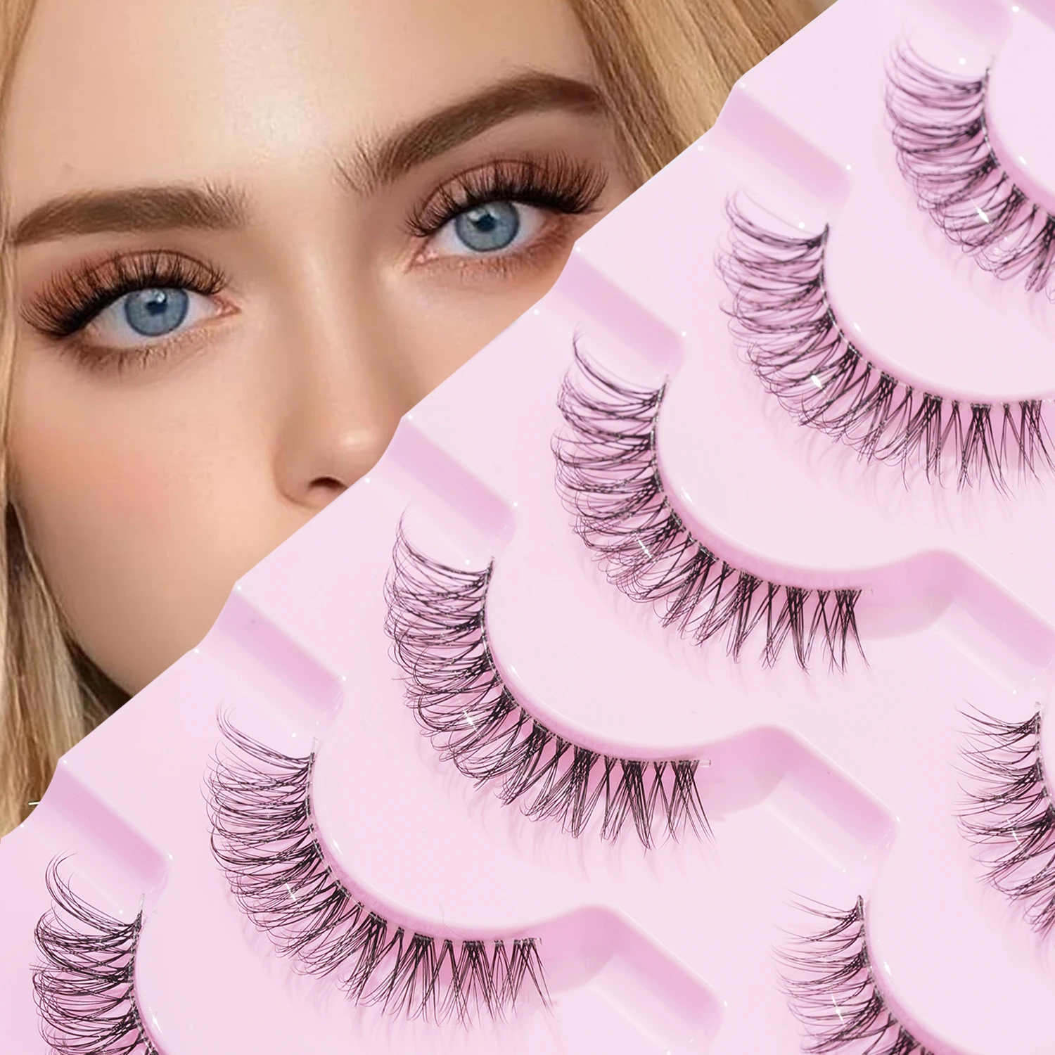 7 Pairs of Natural D Curled Transparent Stem Crossed False Eyelashes