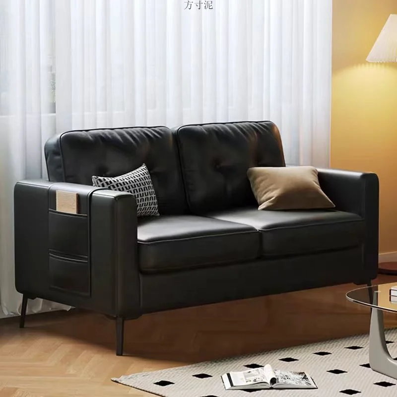 #Cream White PU Leather 2 Seater Sofa TuftedBackrest Rounded Arms Black Legs Modern Minimalist Small Space Living Room Furniture