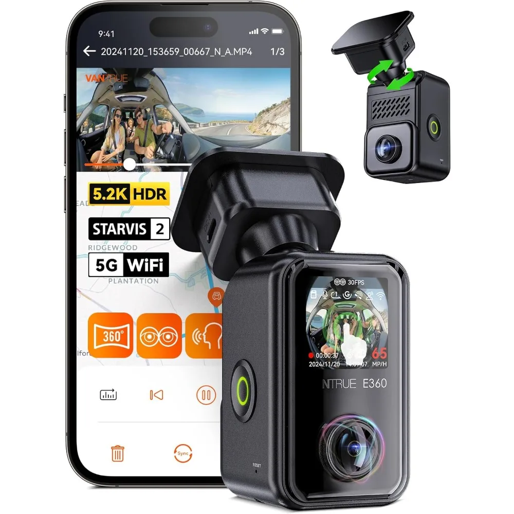 E360 5.2K 360° Panoramic Dash Cam, 5GHz WiFi&GPS,   Voice Control, Touchscreen, 24/7 Buffered Parking Mode, Support 512GB Max