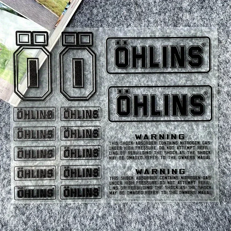 1SET OHLINS Motorcycle Shock Absorber Sticker Transparent PVC Decal Black Text White Background for Bike Decoration