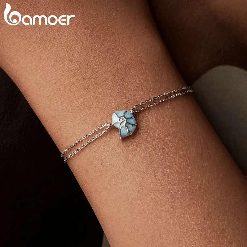 BAMOER 925 Sterling Silver Blue Seashell Link Chain Bracelets for Women Ocean Series Jewelry Gift BSB176 4