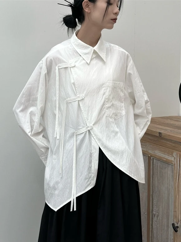 

Loose Fit Long Sleeve Shirt Women's Spring Summer Thin Style Asymmetrical Dark New Chinese National Style Button up Top