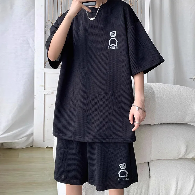 Little Bear T-Shirt, Men's Summer Trendy Loose Short Sleeved Shorts, Two-Piece Basketball Suit, And A Waffle Sports Set