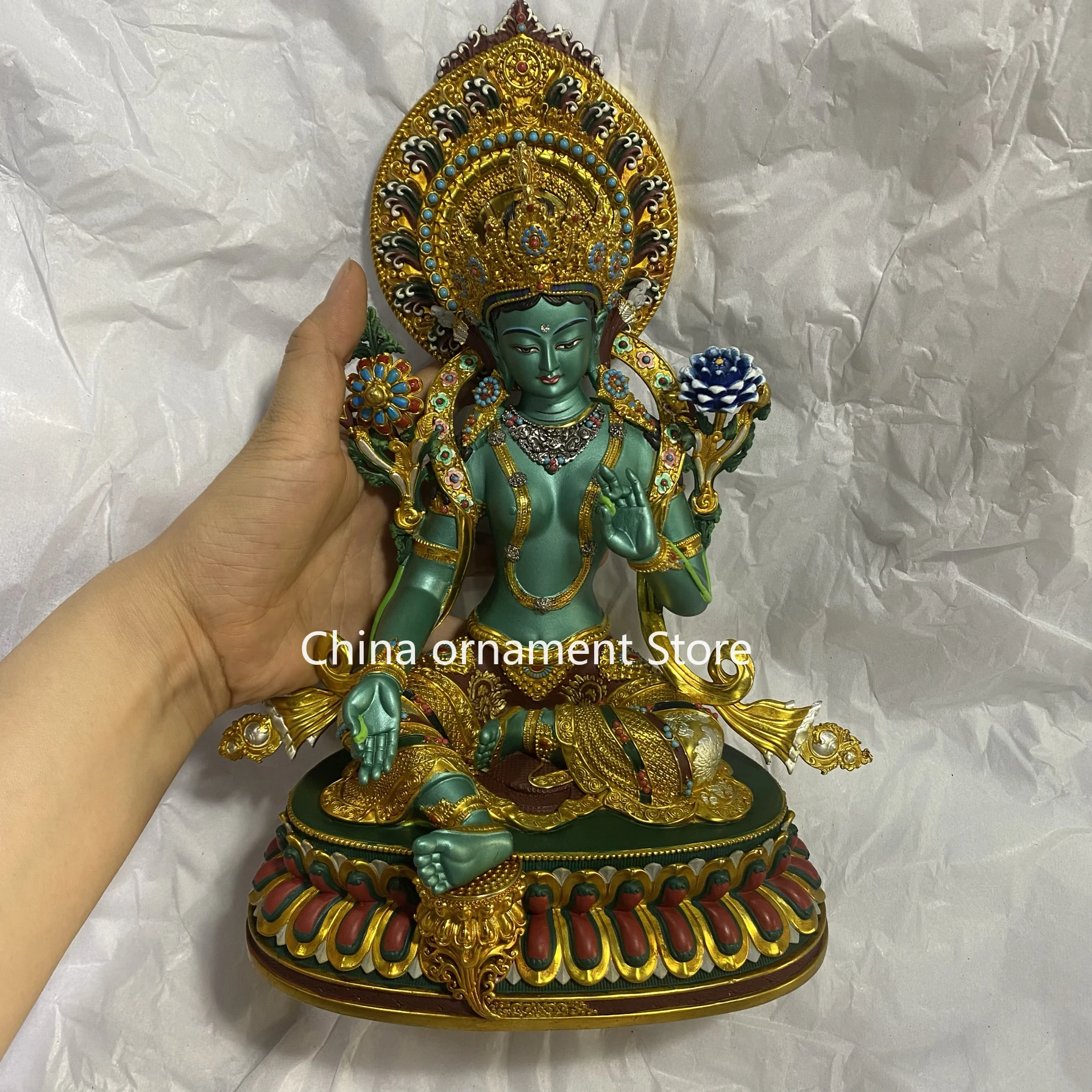 8-Inch painted green Tara Buddha statue boutique craftsmanship Tibetan Tantra pure copper painted Buddha statue ornament Buddhis