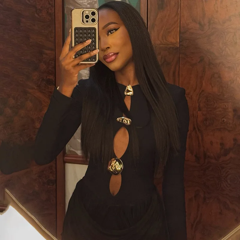 暗号化されたラッフルセクシーカットアウトミニドレス、クラブパーティー衣装、ドレープロングスリーブエレガントバックレスボディコンドレス、誕生日