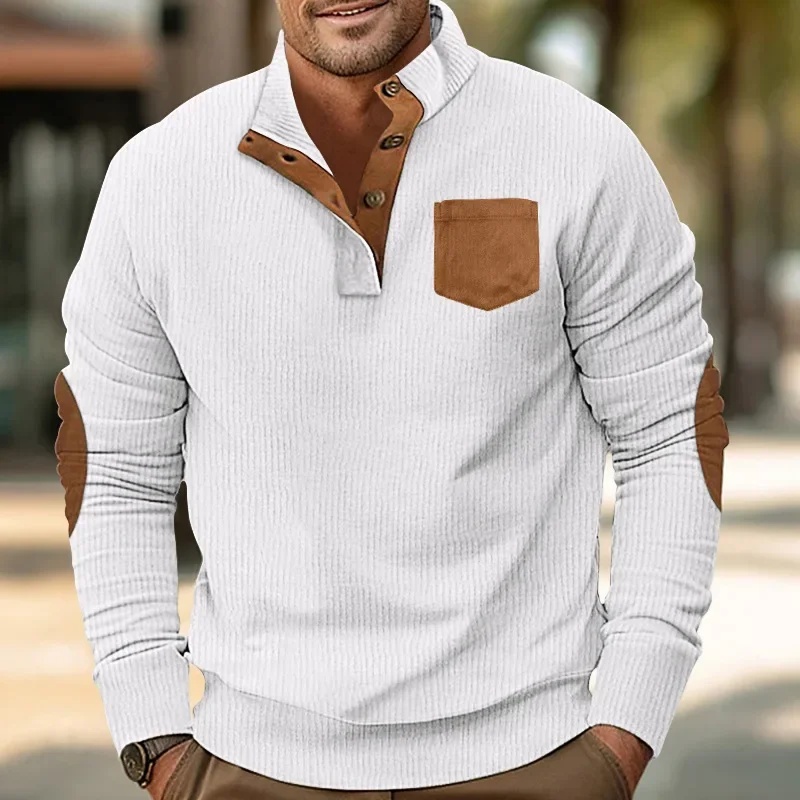 

LIBIELIY Spring Autumn Corduroy Sweatshirts Men Fashion Casual Stand Collar Long Sleeve Patchwork Hoodie Male Sports Outdoor Str