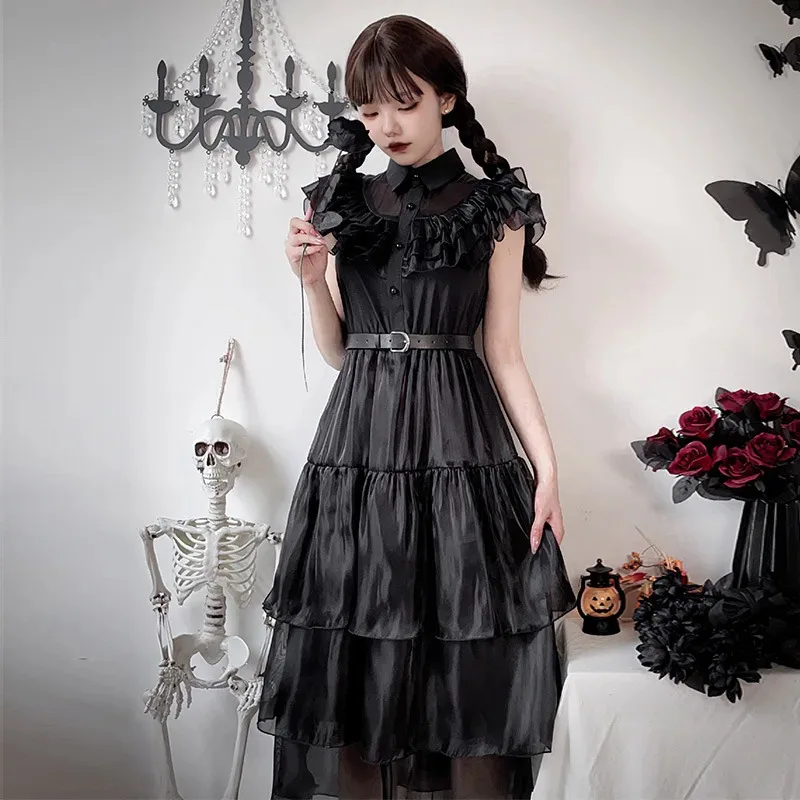 CyDark Goth Adams Family Ghost Bride Cos تنورة مصاص الدماء فستان الهالوين التأثيري فستان أسود صغير