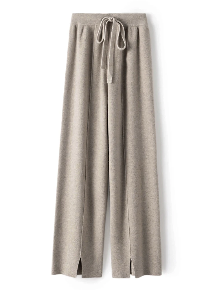 Women Wide Leg Pants 100% Merino Wool Autumn Winter Soft Comfortable Cashmere Knitwear Fashion Fork in Front of the Middle Seam