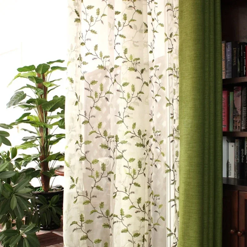 Pastoral Blackout Curtain Green Linen Fabric Window Screen Leaves Embroidered Curtain Tulle for Living Room Bedroom American