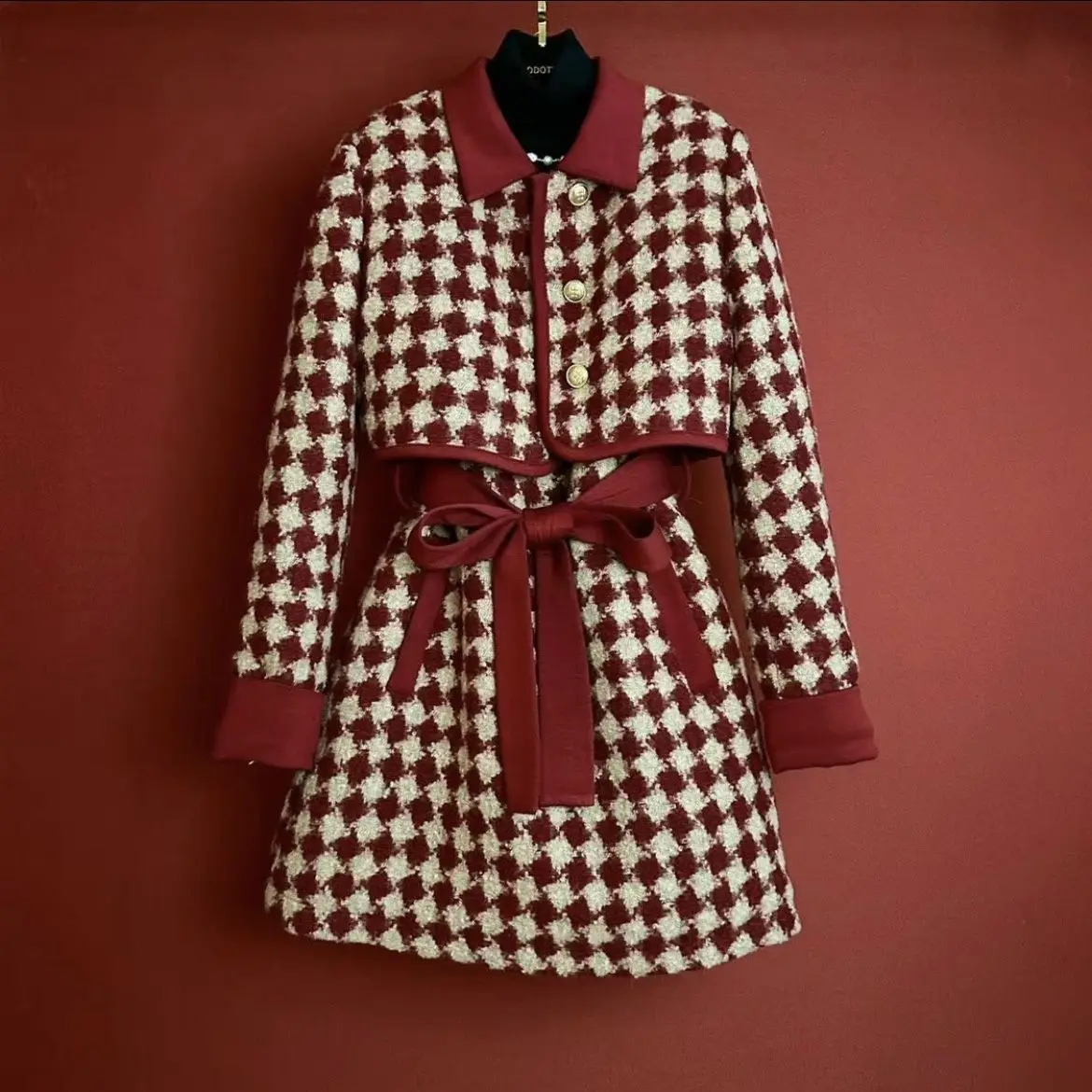 Women Christmas Plaid Wool Suit Jacke Coat Top And Sleeveless Dress Two Piece Set Mtching Outfit Winter Elegant Party Clothing