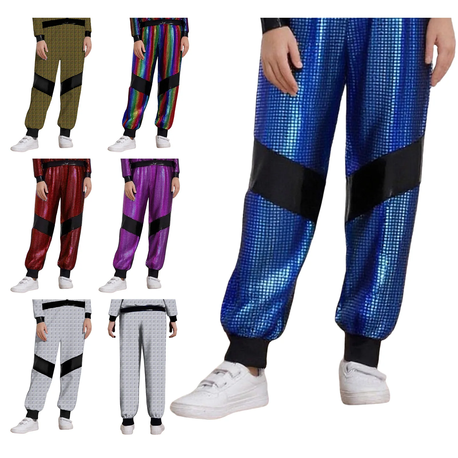 子供メタリックヒップホップジャズダンスパンツ弾性ウエストバンド光沢のあるチェック柄ジョガーパンツスクールショーステージダンスウェアストリートウェア