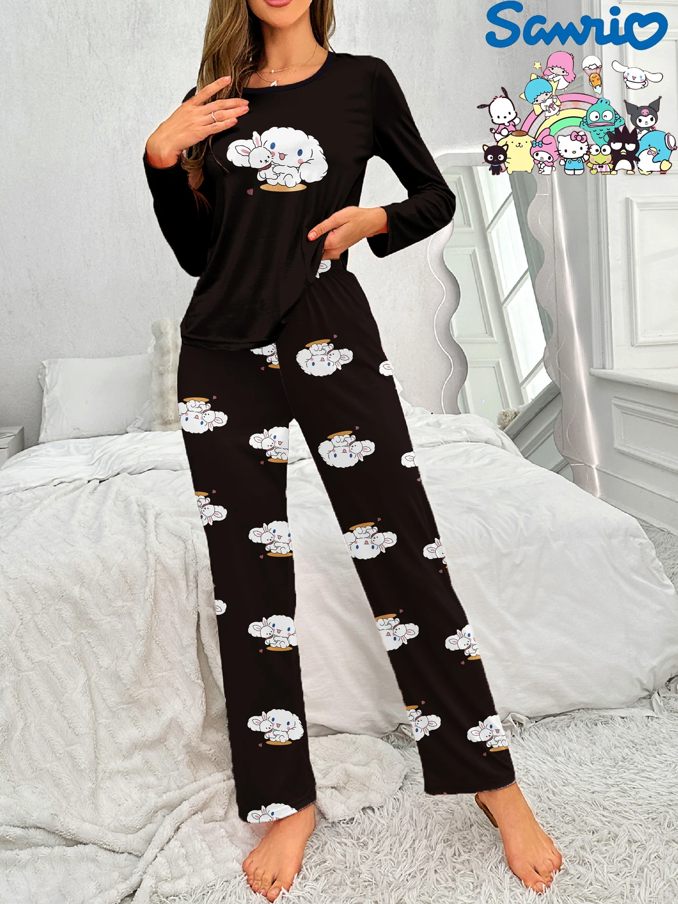 

Sanrio Yugui Dog Long Sleeve Trousers Crew Neck Cartoon Cute Casual Pajamas Homewear Set